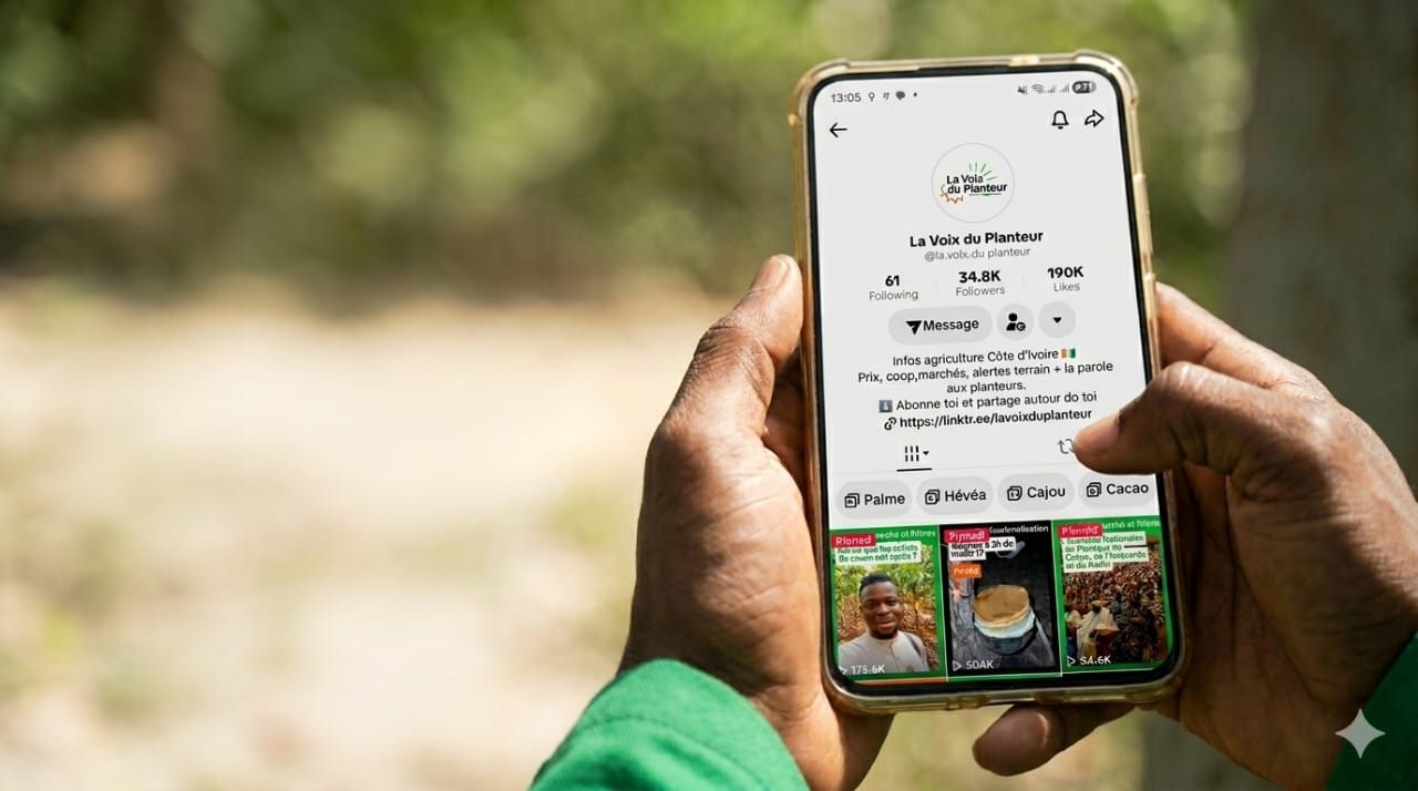 Un planteur consulte le profil TikTok de La Voix du Planteur sur son téléphone